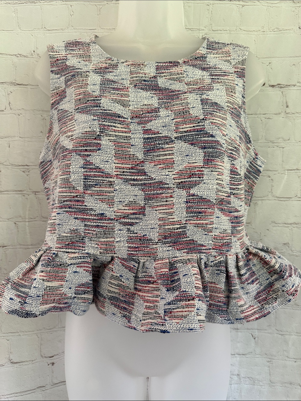 English Factory Textured Peplum Sleeveless Top in White-Pink-Blue size L